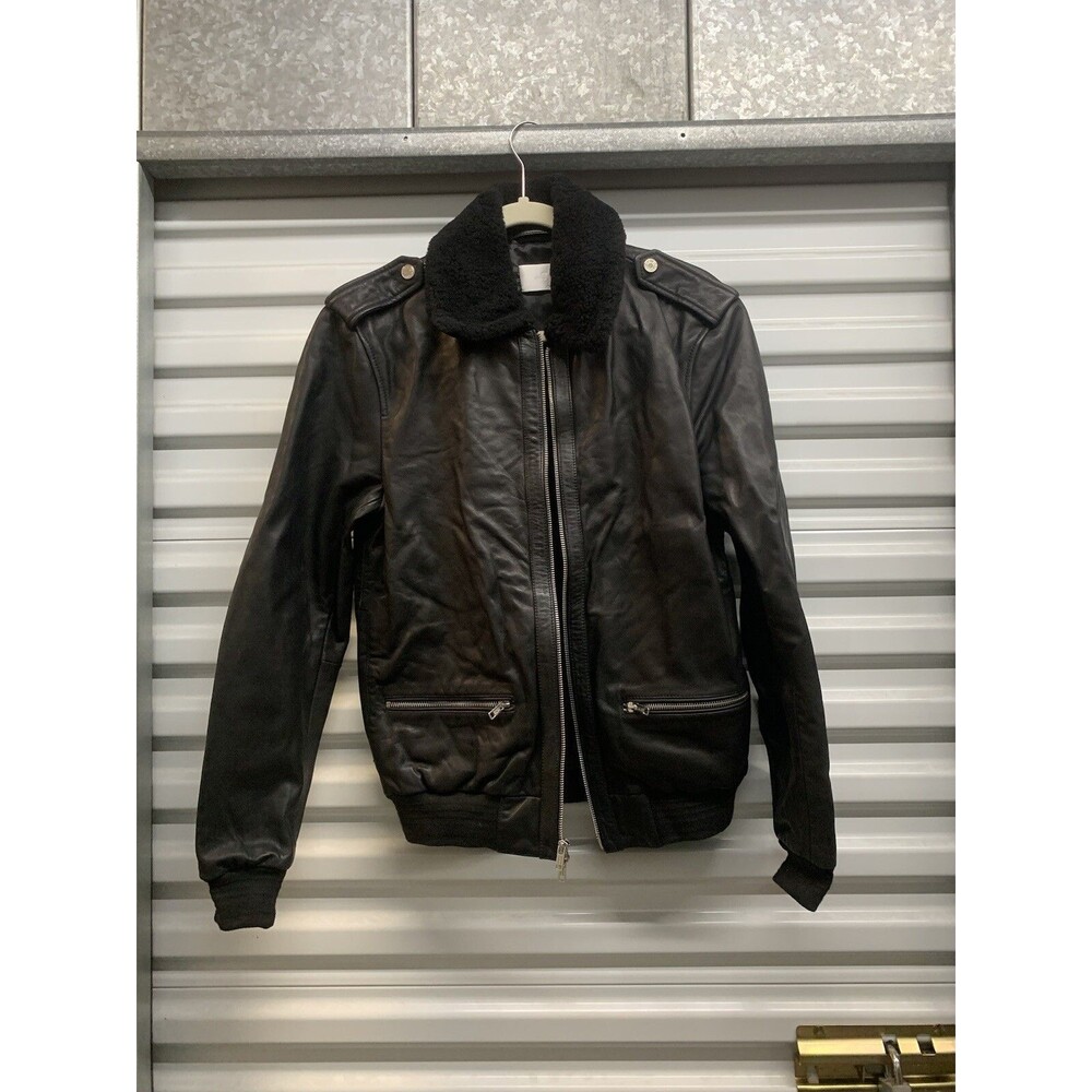 NWT 7 For All Mankind Unisex Black Leather Bomber Jacket Lamb Dyed Collar Small